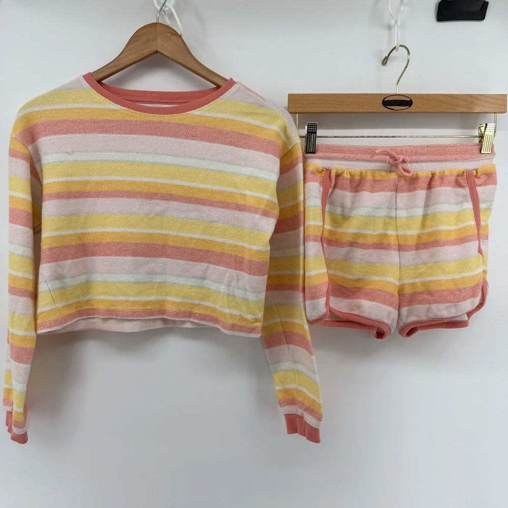Haute Hippie Style Terry Cloth Lounge Set Striped Crop Top and Shorts Pink XS